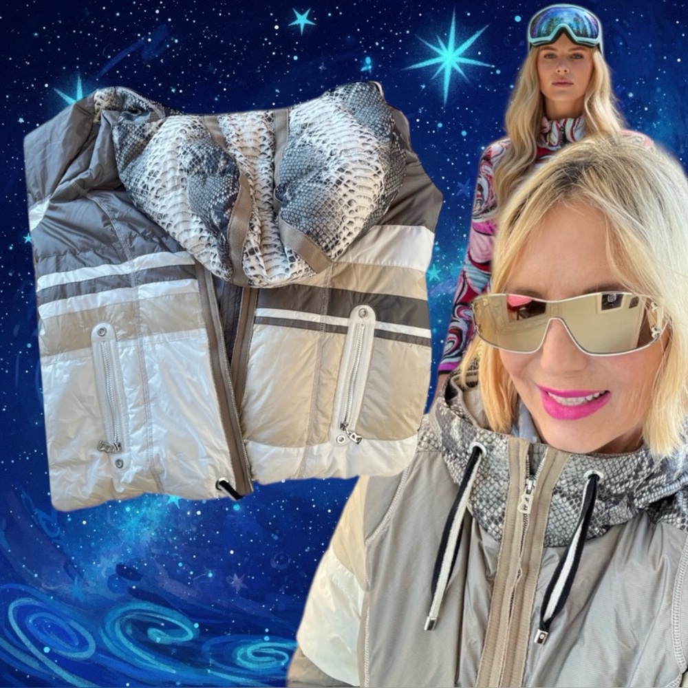 Bogner Gray and White Down Hooded Snakeskin Ski Jacket⛷️⛷️⛷️🎿